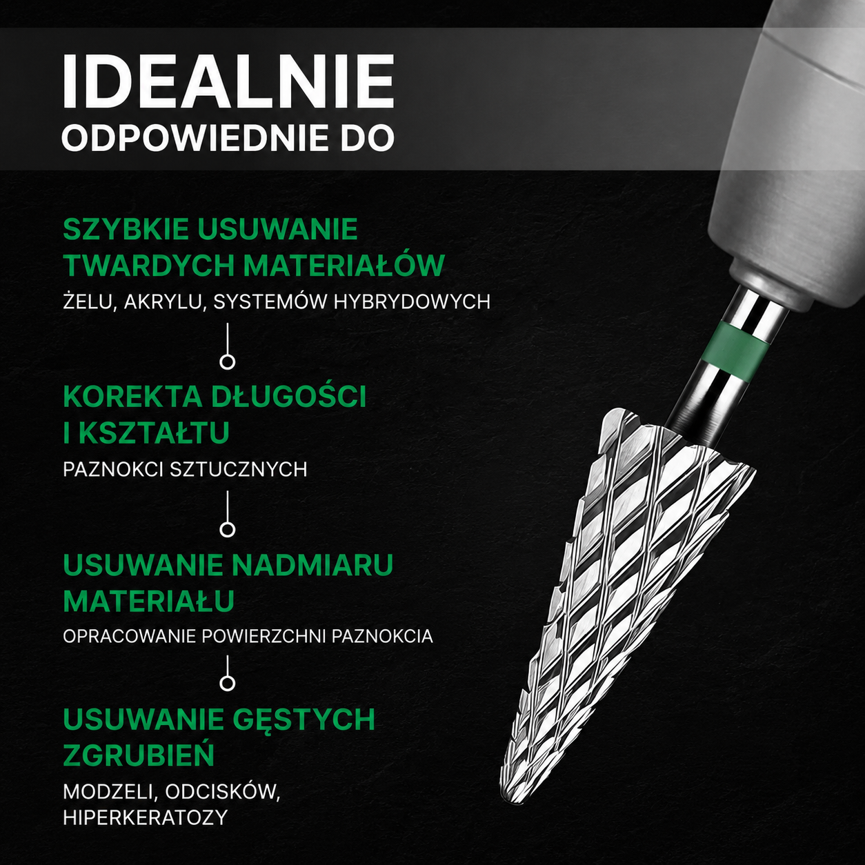 Frez z węglika spiekanego STOŻEK - zielony pasek M10 Monarx nails - obrazek 2