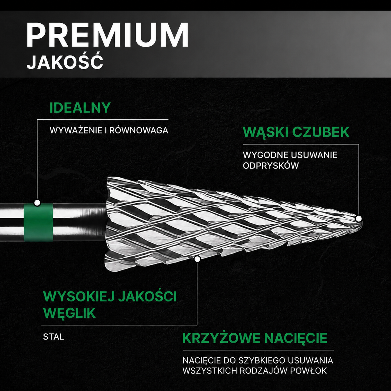 Frez z węglika spiekanego STOŻEK - zielony pasek M10 Monarx nails - obrazek 3