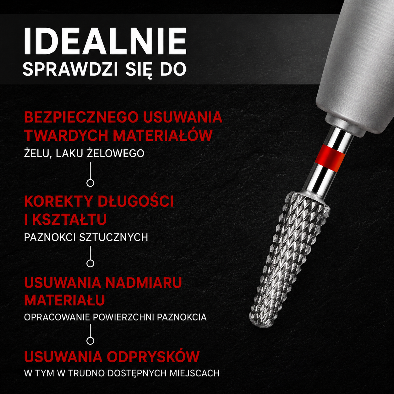 Frez z węglika spiekanego STOŻEK zaokrąglony - czerwony pasek M13 Monarx nails - obrazek 2