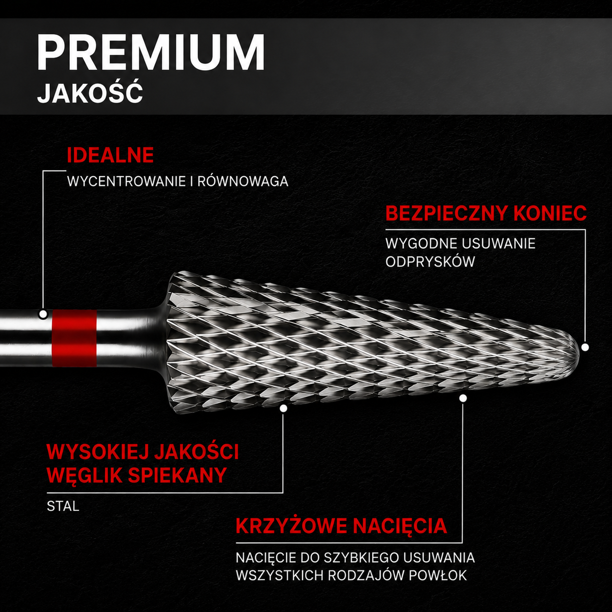 Frez z węglika spiekanego STOŻEK zaokrąglony - czerwony pasek M13 Monarx nails - obrazek 3