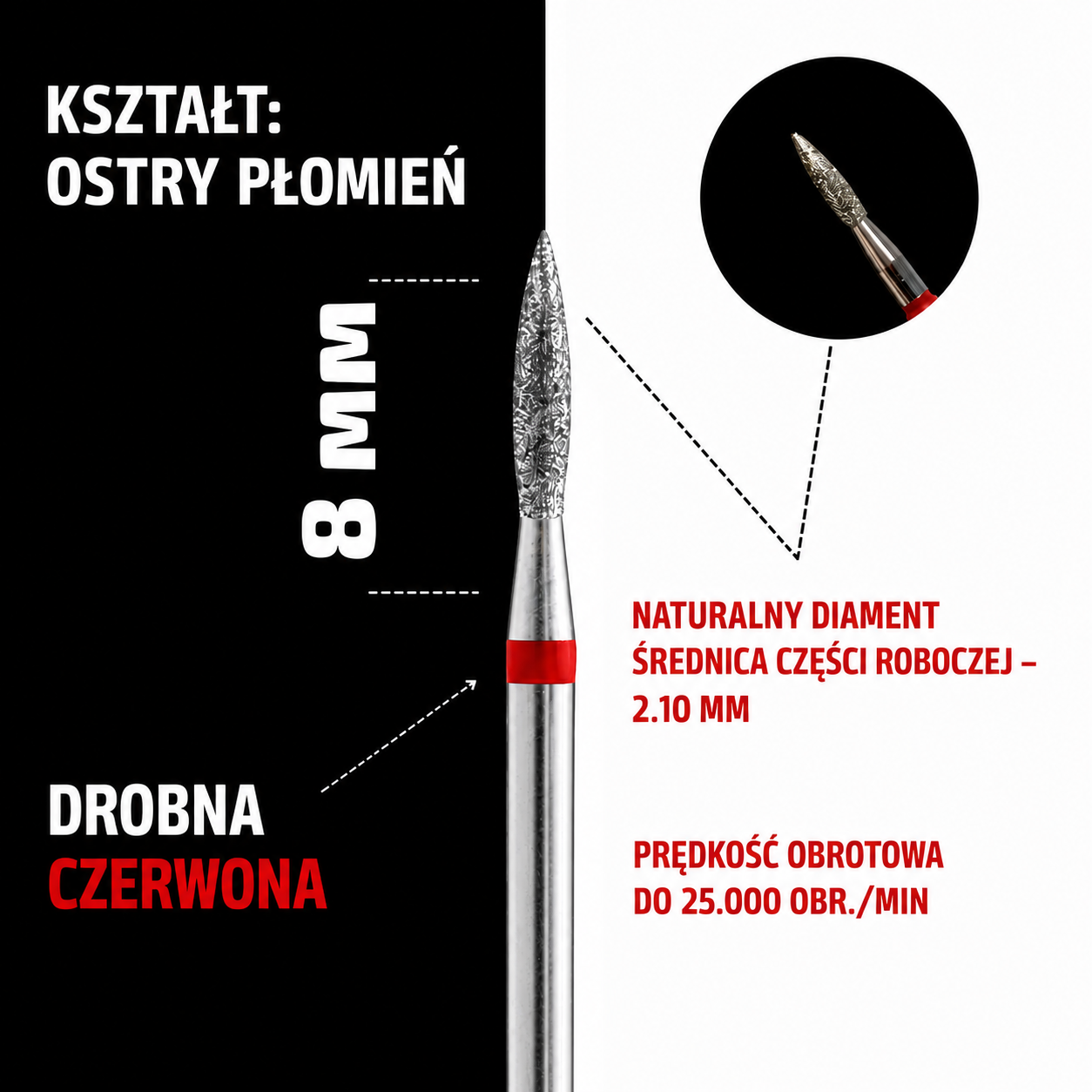 Frez diamentowy PŁOMIEŃ – drobny nasyp, czerwony pasek 2,1 mm M01 Monarx nails - obrazek 2