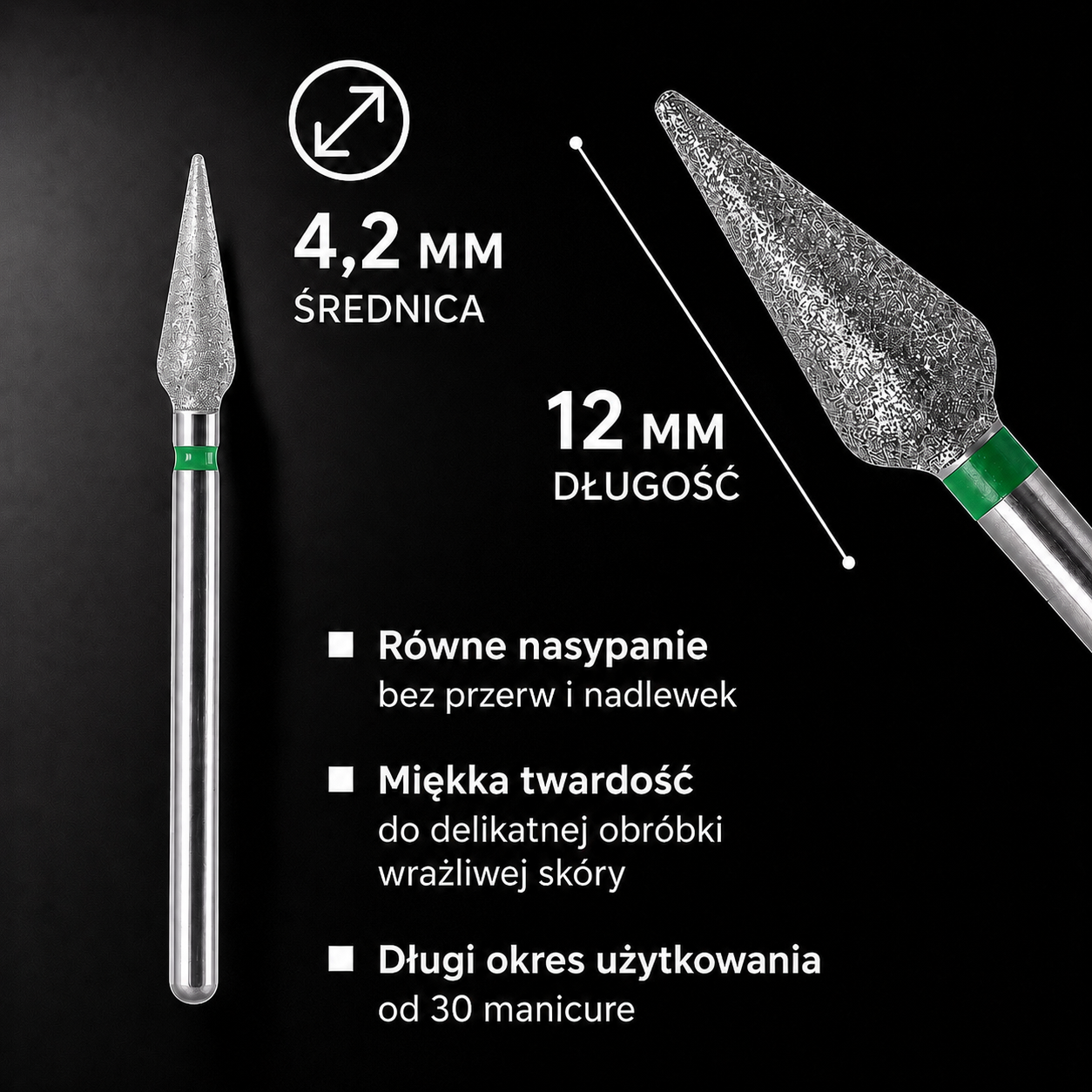 Frez diamentowy KROPLA grusza - zielony pasek 4,2 mm M06 Monarx nails - obrazek 2
