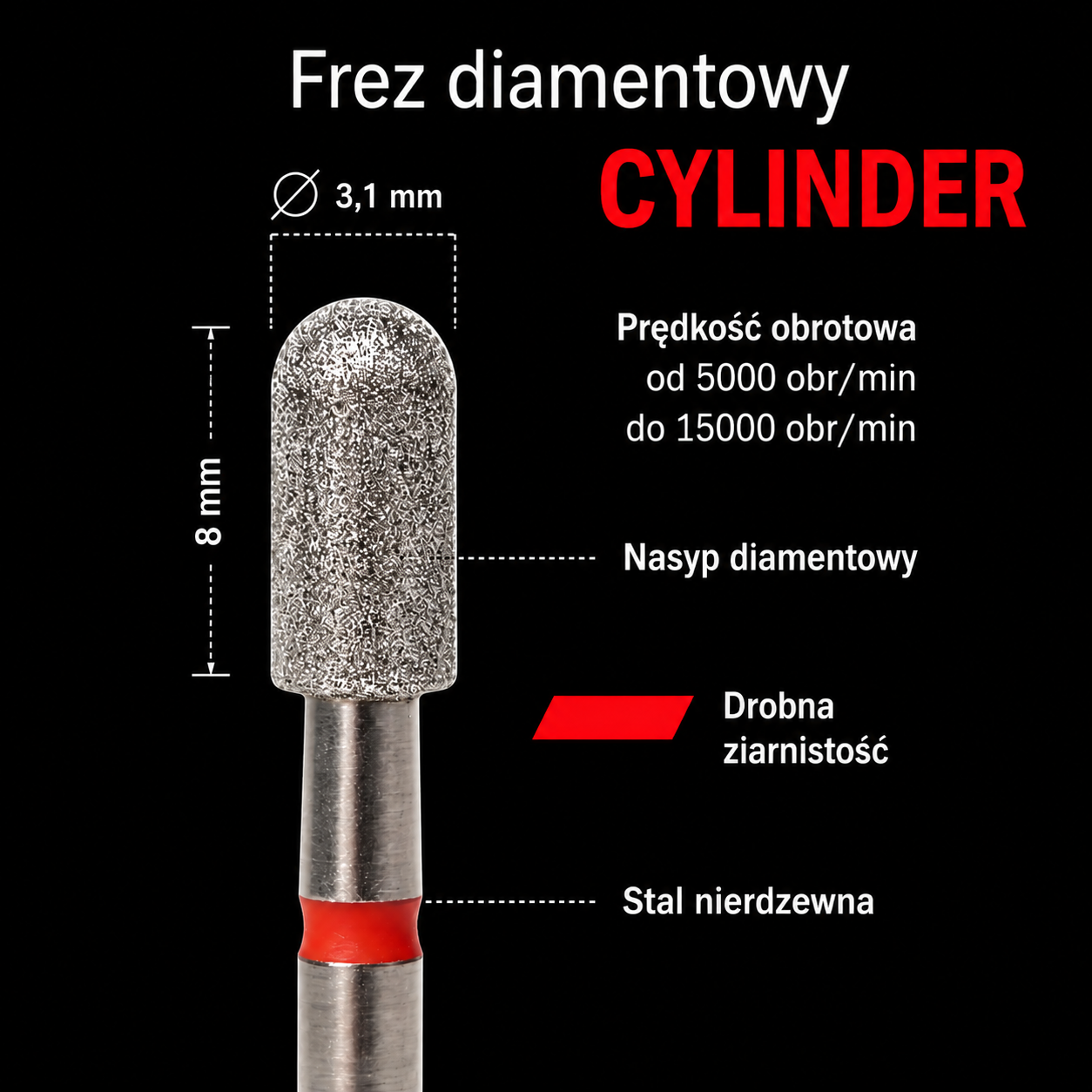 Frez diamentowy CYLINDER walec zaokrąglony – czerwony pasek 3,1 mm M03 Monarx nails - obrazek 2