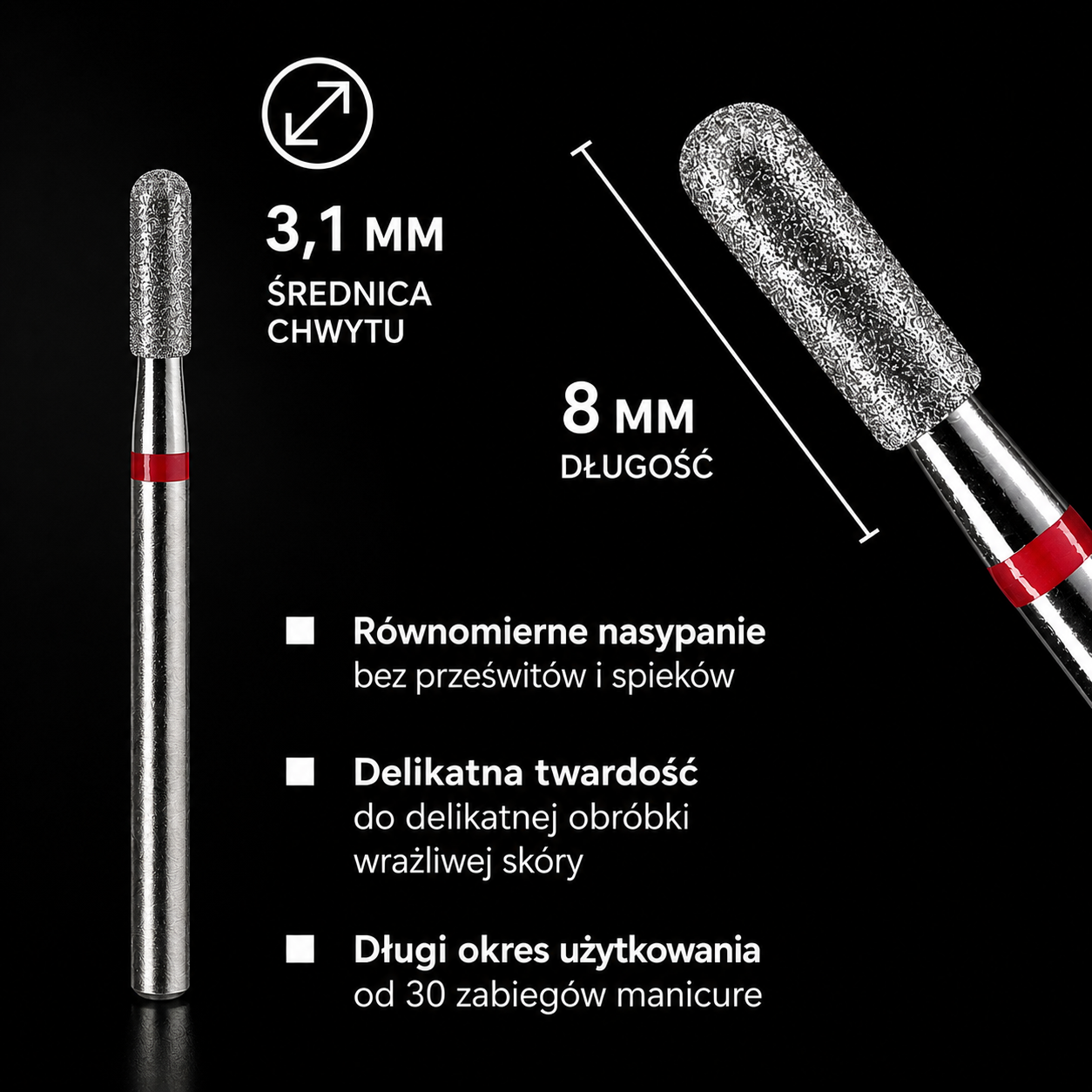 Frez diamentowy CYLINDER walec zaokrąglony – czerwony pasek 3,1 mm M03 Monarx nails - obrazek 3