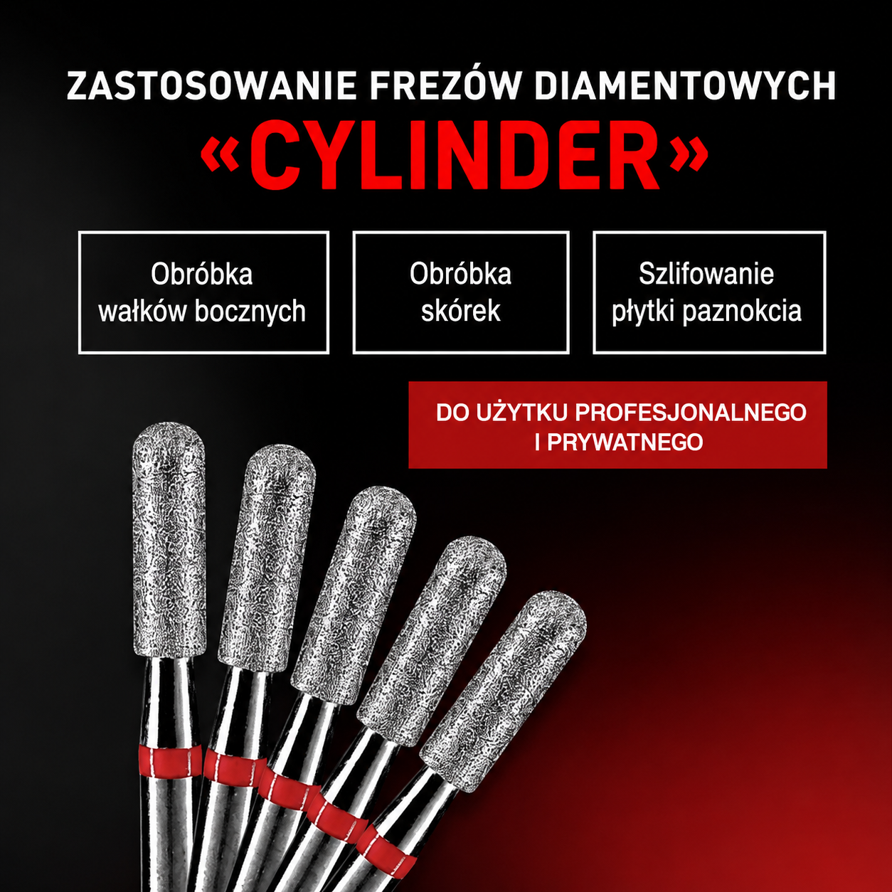 Frez diamentowy CYLINDER walec zaokrąglony – czerwony pasek 3,1 mm M03 Monarx nails - obrazek 4
